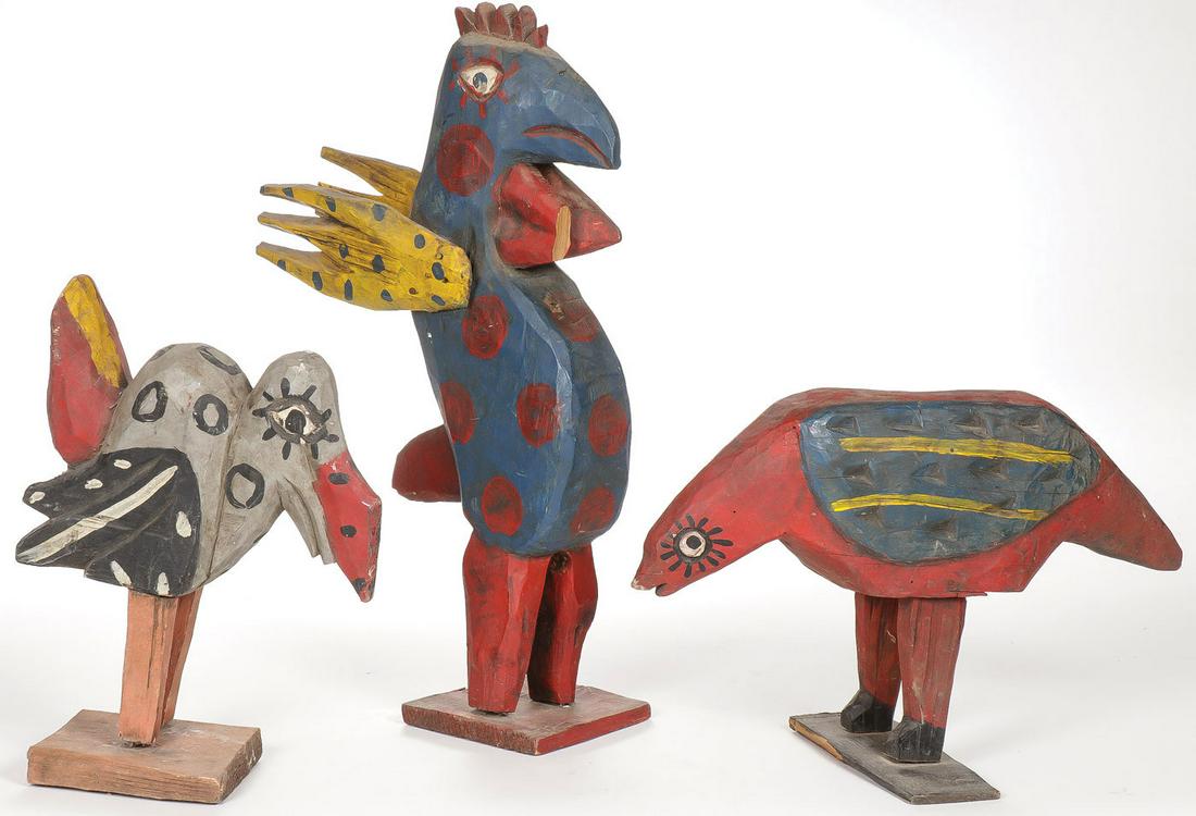 THREE CARVED & PAINTED FOLK ART BIRDS (1 of 2)