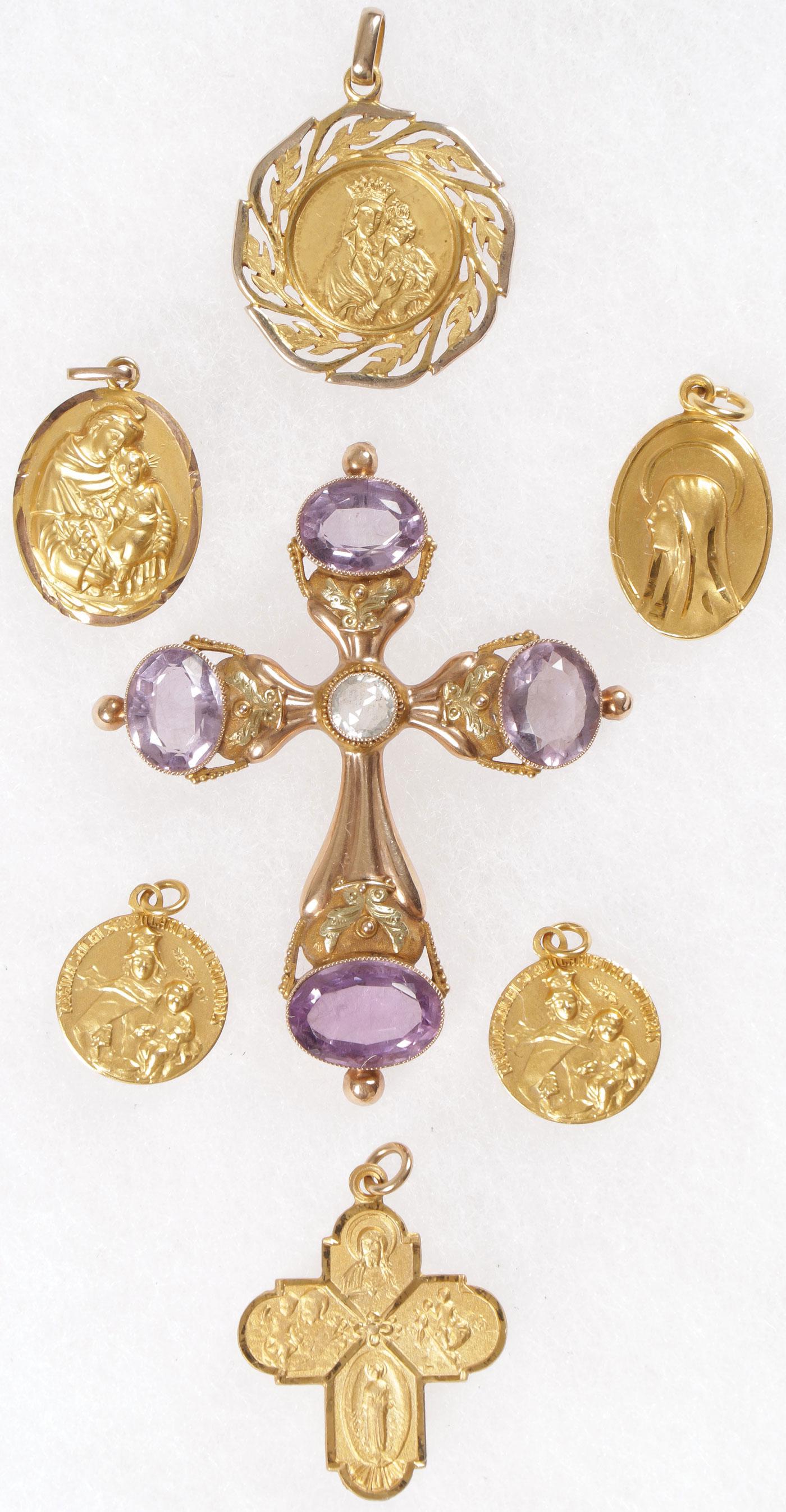 GOLD RELIGIOUS MEDALS & GEM SET CROSS (1 of 1)
