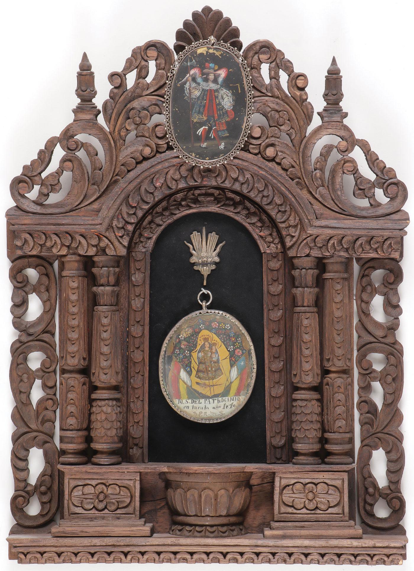PAIR MEXICAN PENDANT RELICARIOS & CARVED FRAME (1 of 5)