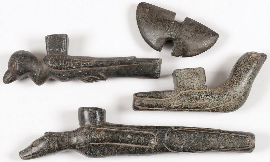 CARVED GREENSTONE EFFIGY PIPES (1 of 3)