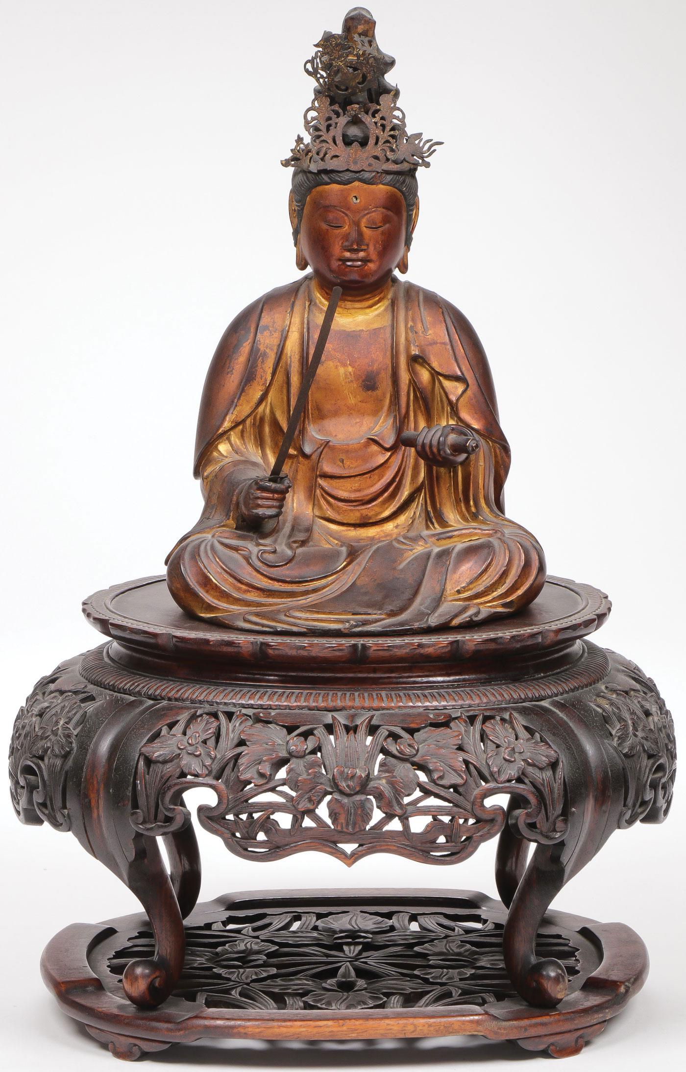 JAPANESE CARVED GILT MONJU BOSATSU (1 of 3)