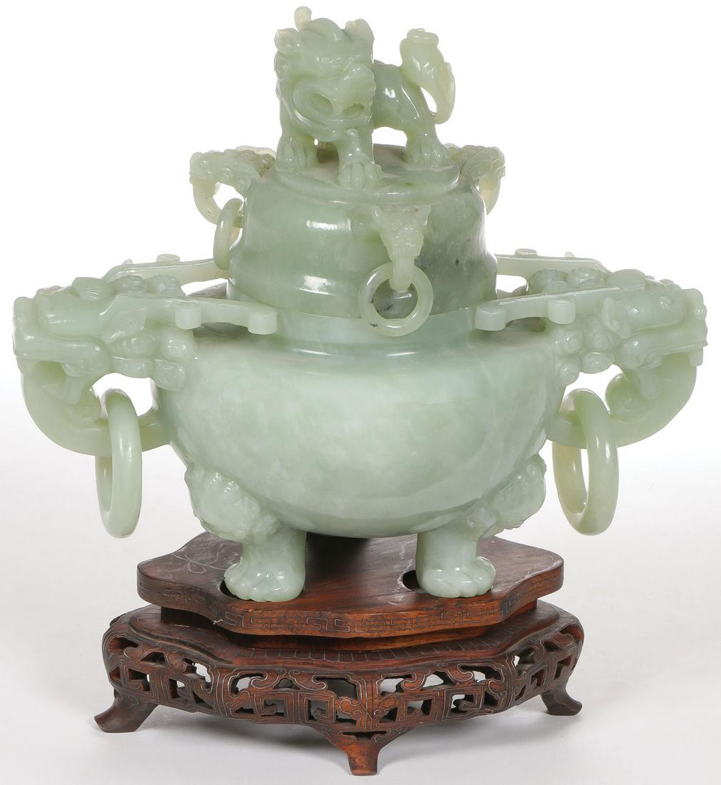 A CHINESE CARVED CELADON JADE CENSER (1 of 3)