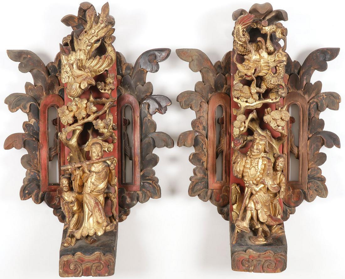 PAIR CHINESE CARVED WOOD PANELS 18TH/19 C (1 of 2)
