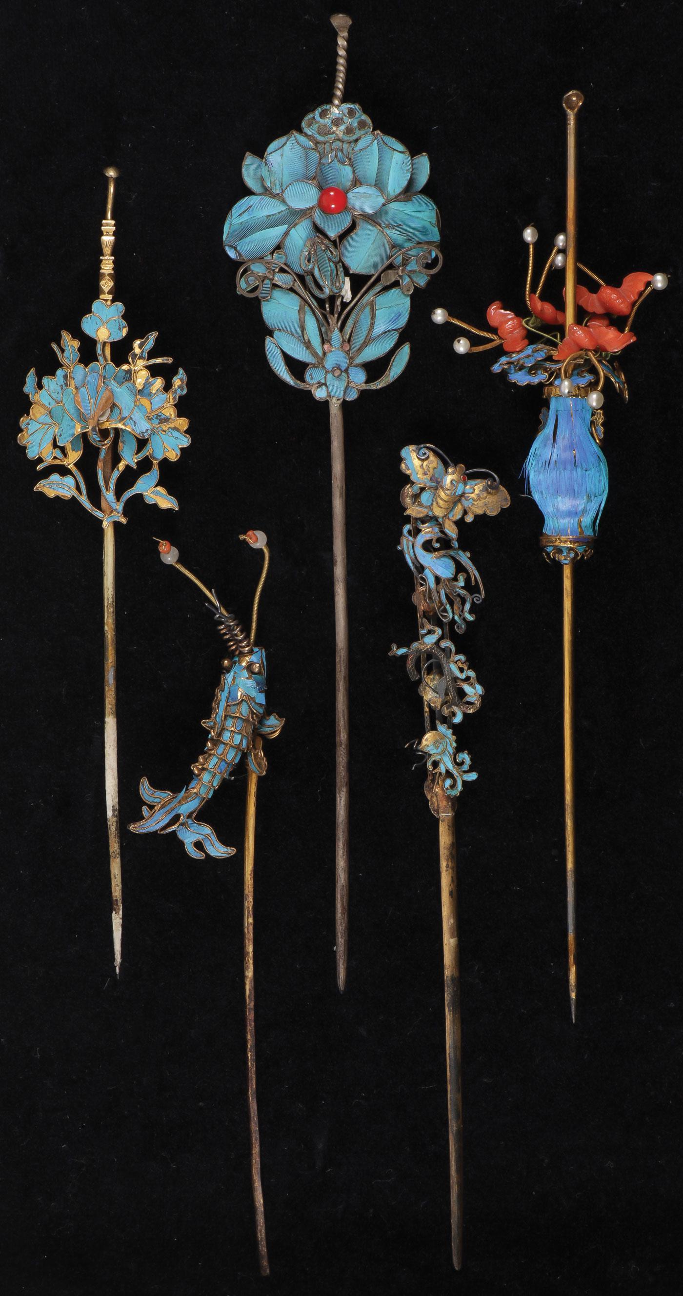 CHINESE SILVER GILT KINGFISHER HAIRPINS (1 of 1)
