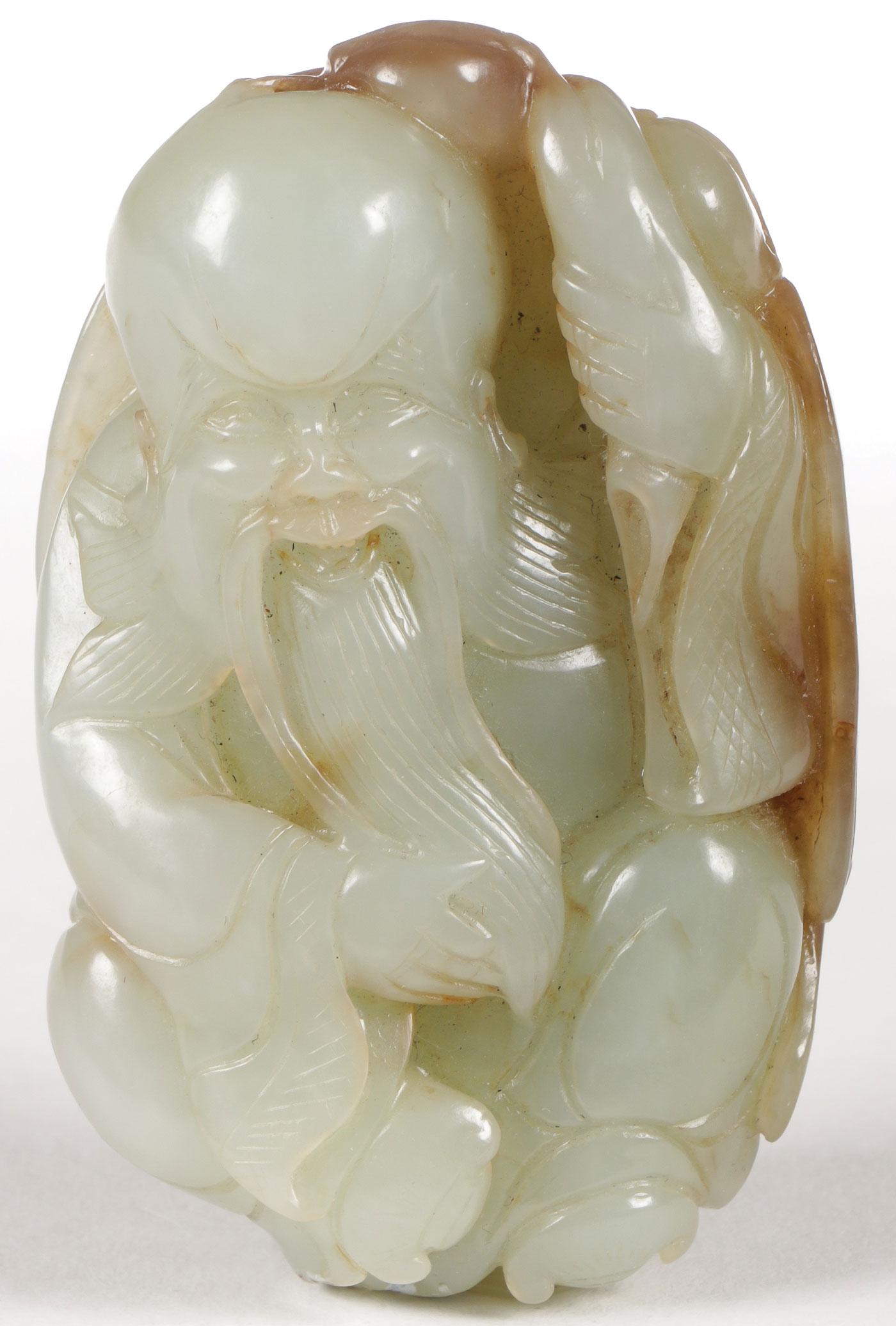 CHINESE CARVED JADE FIGURE OF SHOUXING: CHINESE CARVED JADE FIGURE OF SHOUXING. Comprising a finely carved jade figure of Shouxing, Qing. Carved in full round with excellent detail throughout including deep folds, flowing beard and veining 