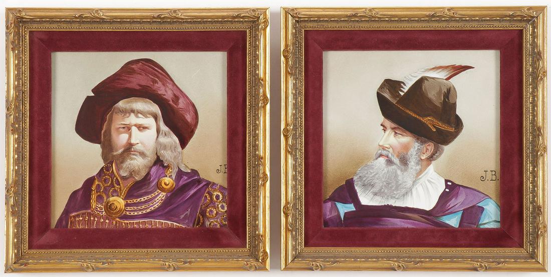 AESTHETIC MOVEMENT HAND PAINTED TILES: AESTHETIC MOVEMENT HAND PAINTED TILES. Comprising a pair of finely hand painted tiles depicting men in Renaissance attire and with artists initials J.B. Contained in attractive gilt and velvet lined m