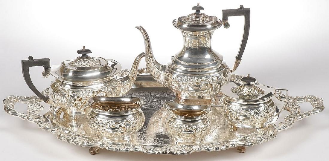 A SHEFFIELD SILVER PLATE TEA AND COFFEE SERVICE (1 of 2)