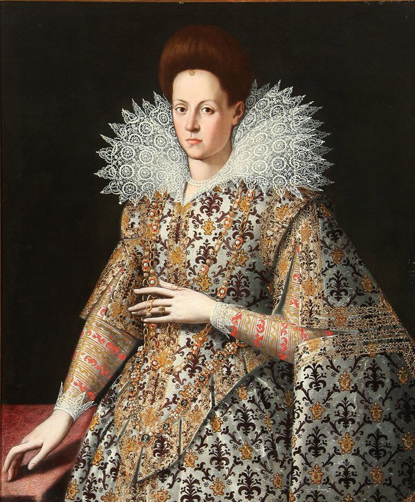 OLD MASTER PAINTING, FRANS POURBUS: Circle of FRANS POURBUS the Younger (Antwerp 1569-1622 Paris) . A Young Woman Wearing a Richly Embroidered fleur de lis Pattern Dress, Possibly a Portrait of Maria de Medici, Future Queen Consort of F