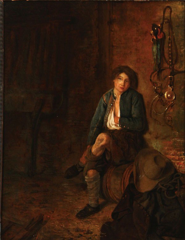 OLD MASTER PAINTING, CIRCLE OF KONINCK: Circle of PHILIPS KONINCK (Dutch 1619-1688). Stable Interior with a Young Boy. Oil on wood panel. 17.8 inches x 13.3 inches (45.1 cm x 34.6 cm).Provenance:Sotheby's, London, 12 July 2001, Lot 383
