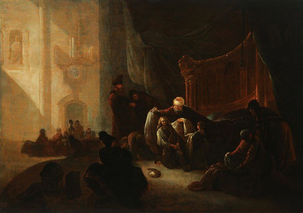 OLD MASTER PAINTING, CIRCLE OF FLINCK: Circle of GOVERT FLINCK (Dutch 1615-1660). Jacob Presenting Joseph the Multi-Colored Coat. Oil on wood panel (unframed). Indistinctly signed in script G. Flinck and with trace date lower center. 23.6 