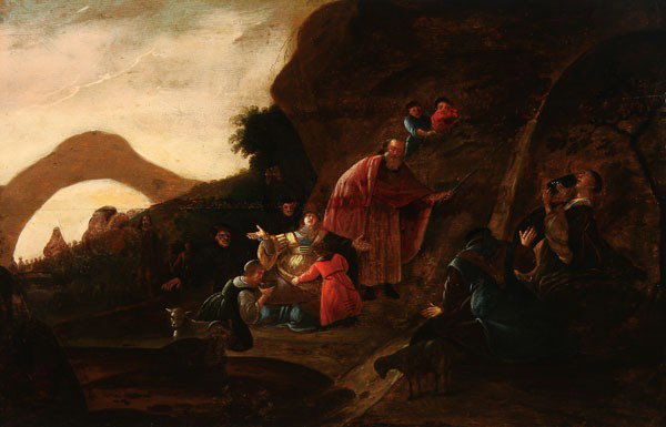 OLD MASTER PAINTING, ATTRIBUTED DE WET: Attributed to JACOB WILLEMSZ DE WET (Dutch 1610-1675). Moses Striking the Rock. Oil on wood panel. Bears monogram lower center. 20.5 inches x 32 inches (52.1 cm x 62.3 cm).