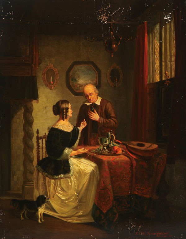 OIL PAINTING BY DAMSCHRODER: JAN JACOB MATHHIS DAMSCHRODER (Dutch 1825-1905). A Musical Interlude - 1850. Oil on wood panel (unframed). Signed lower right and dated Antwerp 1850. 19.5 inches x 15 inches (50 cm x 39 cm).