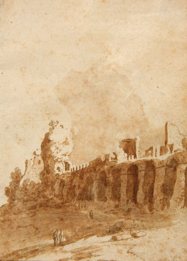OLD MASTER WASH BY BREENBERG, 1612: BARTHOLOMEUS BREENBERG (Dutch 1598-1657). Travelers by Roman Ruins - 1612. Brown wash on paper. Signed and dated 1612. 4 inches x 2.8 inches (10.2 cm x 7.1 cm). Provenance: C&J Goodfriend Drawings and