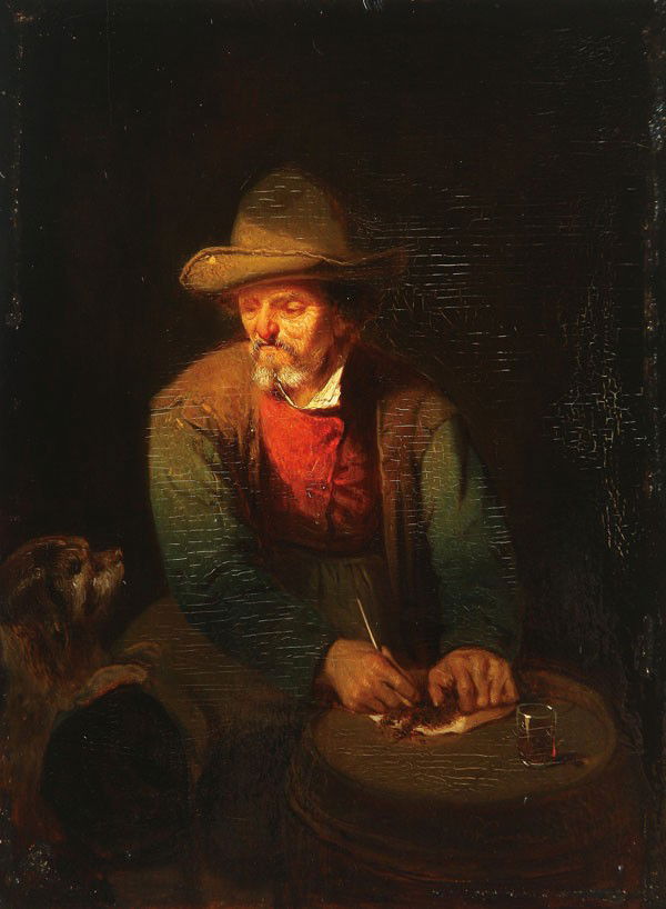 OIL PAINTING BY WILLEM LINNIG SR.: WILLEM LINNIG SR. (Dutch 1819-1885). Man with Dog in Tavern Filling his Pipe. Oil on wood panel. Signed lower right on barrel. 11.8 inches x 8.8 inches (29.8 cm x 22.2 cm).