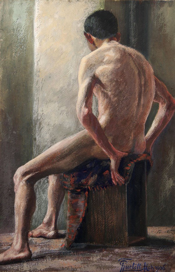 NUDE MALE PAINTING BY FRIEDRICH GURLITT: FRIEDRICH GURLITT (German 1865 - ). Male Nude Study – 1906. Watercolor and gouache. Signed and dated lower right. 19.75 inches x 13 inches (50 cm x 33 cm) - unframed.