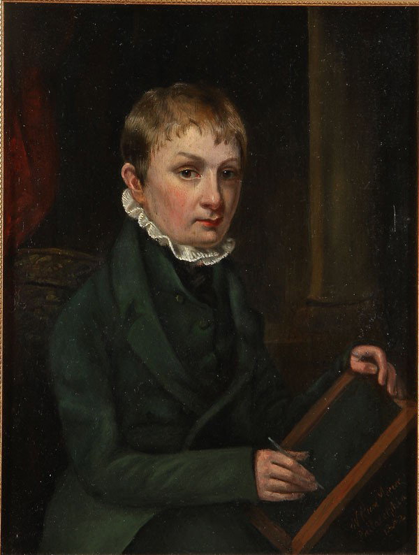 EARLY AMERICAN PAINTING BY WILLIAM MERCER: WILLIAM MERCER (American active 1773-1850). Portrait of Young Man Holding a Writing Slate - Possibly a Self-portrait – 1842. Oil on oak wood panel. Signed lower right "William Mercer Philadelphia 18