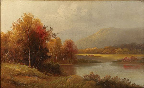 HUDSON RIVER LANDSCAPE OIL PAINTING: Attributed to WILLIAM HART (American 1823-1894). Expansive Fall Landscape with Cattle Grazing in the Distance. Oil on canvas. Stretcher lightly inscribed in pencil "Wm Hart". 22 inches x 36 inches.