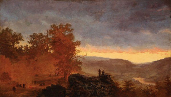 OIL PAINTING, CIRCLE OF JOHN KENSETT: Circle of JOHN FREDERICK KENSETT (American 1816-1872). An Expansive River Valley Landscape with Soldiers Overlooking an Encampment Below – circa 1860. Oil on canvas- an unfinished sketch. Signed low