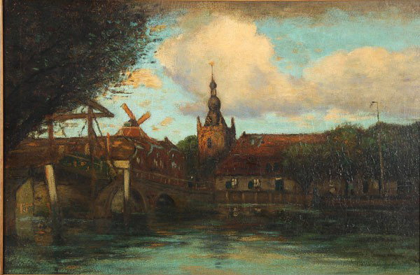 OIL PAINTING BY GEORGE HENRY BOGERT: GEORGE HENRY BOGERT (American 1864-1944). Landscape- Overskeye, Holland. Oil on canvas. Signed lower right and signed/titled on verso. 20 inches x 30 inches (50.8 cm x 76.2 cm).