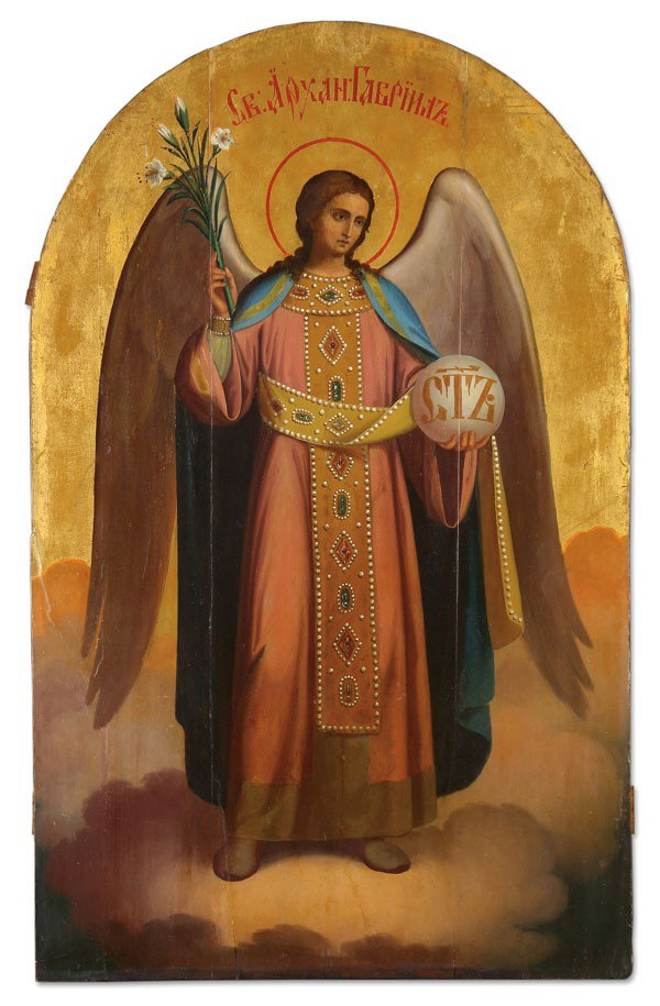 LARGE RUSSIAN ICON OF THE ARCHANGEL GABRIEL: A LARGE AND IMPRESSIVE RUSSIAN ICON OF THE ARCHANGEL GABRIEL, 19TH CENTURY. Here Gabriel is depicted in a jeweled garment holding a lily, a symbol of Mary's purity as expressed in the image of the Ann