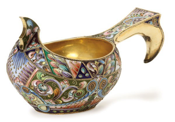 RUSSIAN SILVER-GILT & ENAMEL KOVSH, 6TH ARTEL: A VERY FINE RUSSIAN SILVER-GILT AND SHADED ENAMEL KOVSH, 6TH ARTEL, MOSCOW 1908-1917. The body overall enameled in the Neo-Russian style in pastel colors of scrolling foliage, geometrics and silver be