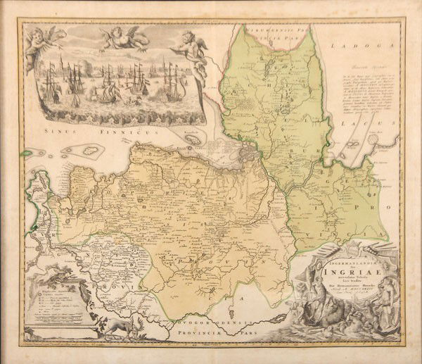 OLD MAP OF ST. PETERSBURG, RUSSIA, 1734: AN EARLY 18TH CENTURY MAP OF ST. PETERSBURG, 1734. Ingermanlandiae Seu Ingriae Nivissima Tabula Luci Tradita, Per Homannianos Heredes, MDCCXXXIV. [Nuremberg), 1734. Hand colored and printed on lai