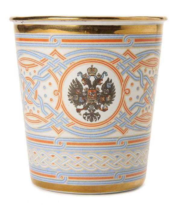 TSAR NICHOLAS II CORONATION CUP: A VERY FINE TSAR NICHOLAS II COMMEMORATIVE CORONATION BEAKER, 1896. The sides of the enameled beaker displaying the royal cypher of Nicholas and Alexandra beneath a crown and above the date 1896, as w