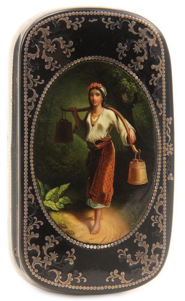 RUSSIAN LACQUER AND SILVER BOX, LUKUTIN: A FINE RUSSIAN LACQUERWARE AND SILVER INLAY BOX, LUKUTIN, CIRCA 1880. The hinged lid painted with a peasant girl carrying water and overall inlaid with silver. The interior painted in faux tortoise sh