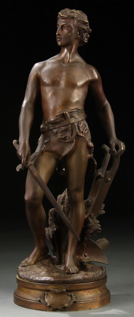 FRENCH BRONZE SCUPTURE, GAUDEZ : ADRIAN ETIENNE GAUDEZ (French 1845-1902). Le Devoir. Bronze with brown patina. Inscribed on base and with title plaque. Height 18 inches (46 cm).
