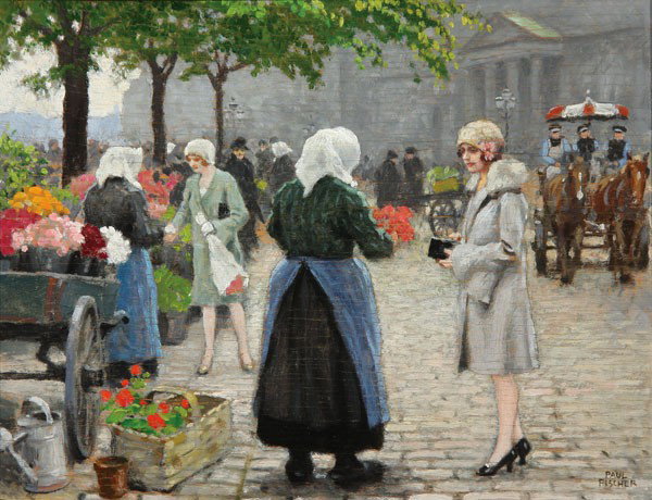 DANISH OIL PAINTING BY PAUL FISCHER: PAUL FISCHER (Danish 1860-1934). Flower Market. Oil on wood panel. Signed lower right. 9.75 inches x 12.75 inches (25 cm x 32.5 cm). The noted Danish painter Paul Gustav Fischer is best known for his 
