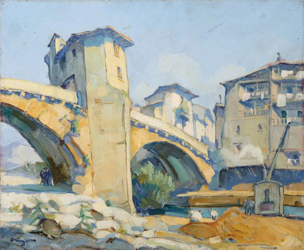OIL LANDSCAPE PAINTING, LOUIS JACQUES VIGON : LOUIS JACQUES VIGON (French 1897-1985). Bridge and River View – circa 1930. Oil on canvas. Signed lower left. 15 inches x 18 inches (38 cm x 46 cm).