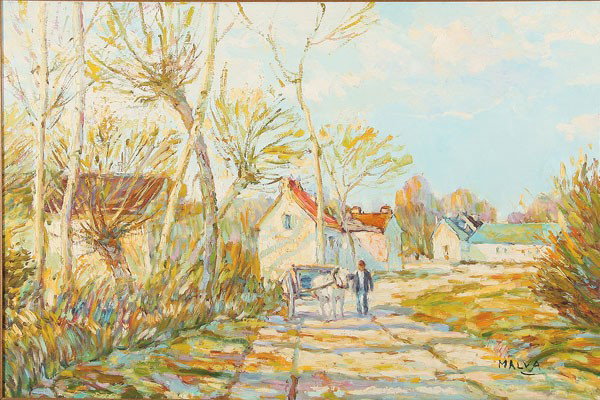 OIL LANDSCAPE PAINTING, GEORGE MALVA: GEORGE MALVA (Syrian b. 1951). Impressionistic Village Landscape. Oil on canvas. Signed lower right. 24 inches x 36 inches (61 cm x 91.5 cm).
