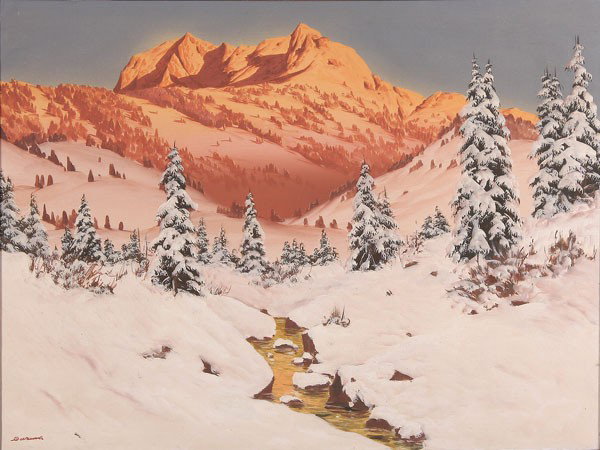 OIL LANDSCAPE PAINTING BYHANS BARMS: HANS BARMS (Austrian b. 1899) . Alpine Glow. Oil on canvas. Signed lower left. 24.25 inches x 32.25 inches (61.6 cm x 81.9 cm).