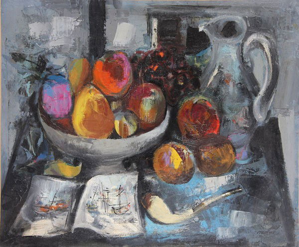 OIL STILL LIFE PAINTING BY LUIS VIDAL MOLNE: LUIS VIDAL MOLNE (Spanish 1907-1970). Still Life with Fruit and Pitcher. Oil on canvas . Signed lower right. 18 inches x 21.75 inches (46 cm x 55.2 cm).