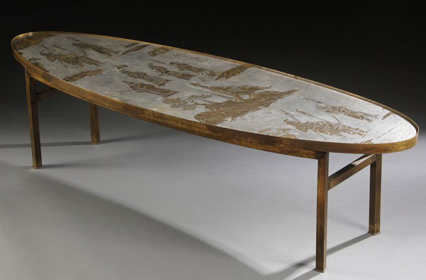 PHILLIP & KELVIN LAVERNE "CHAN" ETCHED OVAL TABLE: A VERY FINE PHILLIP & KELVIN LAVERNE "CHAN" ETCHED BRONZE OVAL COFFEE TABLE, MID 20TH CENTURY. The elongated oval top etched with a design of Chinese warriors on a pewter patinated ground, raised on f