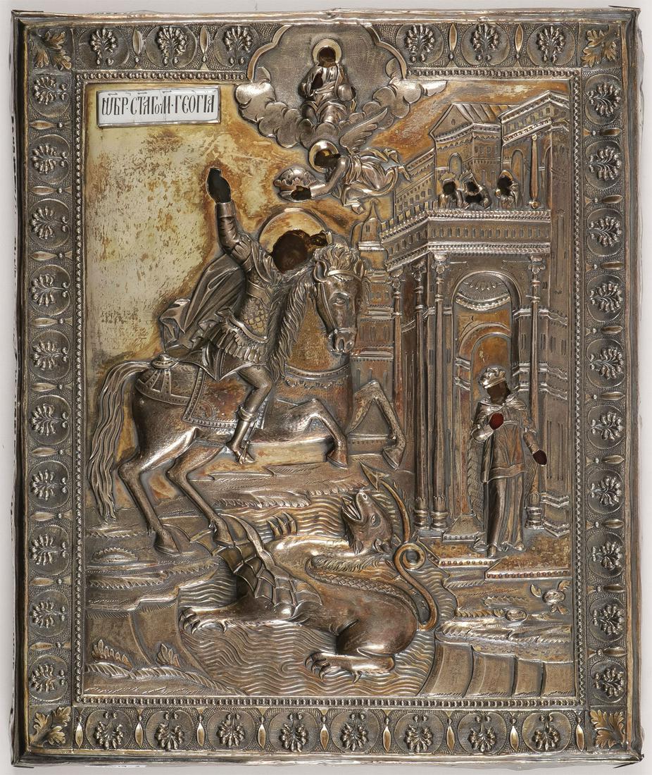 RUSSIAN PRESENTATION ICON OF ST. GEORGE, MOSCOW: RUSSIAN PRESENTATION ICON OF ST. GEORGE, MOSCOW, 1814. Comprising a finely painted image of St. George atop a white stallion wearing Roman armor as he thrusts his lance into the dragon beneath him, he
