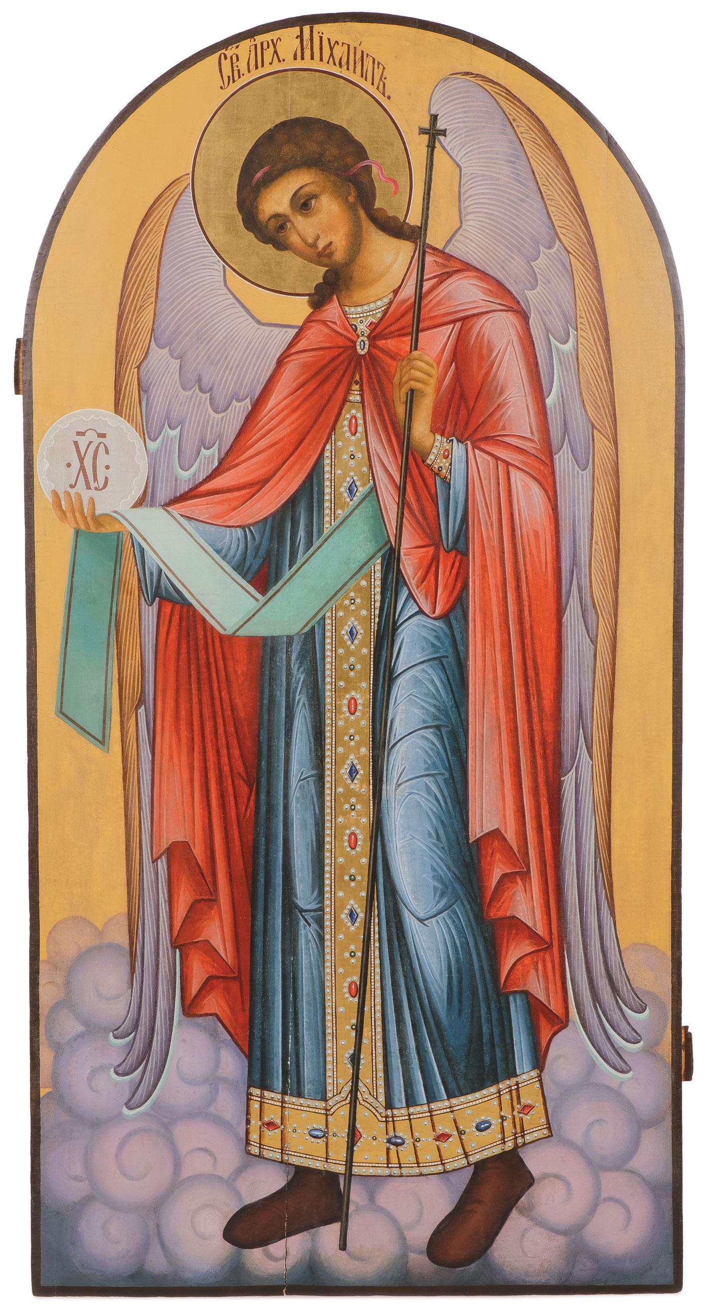 IMPRESSIVE RUSSIAN ICON, ARCHANGEL MICHAEAL: LARGE & IMPRESSIVE RUSSIAN ICON, ARCHANGEL MICHAEL. Comprising a large and imposing icon of the Archangel Michael, very likely from an iconostas, 19th century. Colorfully painted with gem encrusted ro