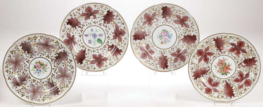FOUR IMPERIAL RUSSIAN PORCELAIN PLATES, NII: FOUR IMPERIAL RUSSIAN PORCELAIN PLATES, NII. Comprising four large dinner plates from the Corbie (Korbievsky) Service. Each with gilt scalloped rim the borders decorated in grape vine motif and the ca
