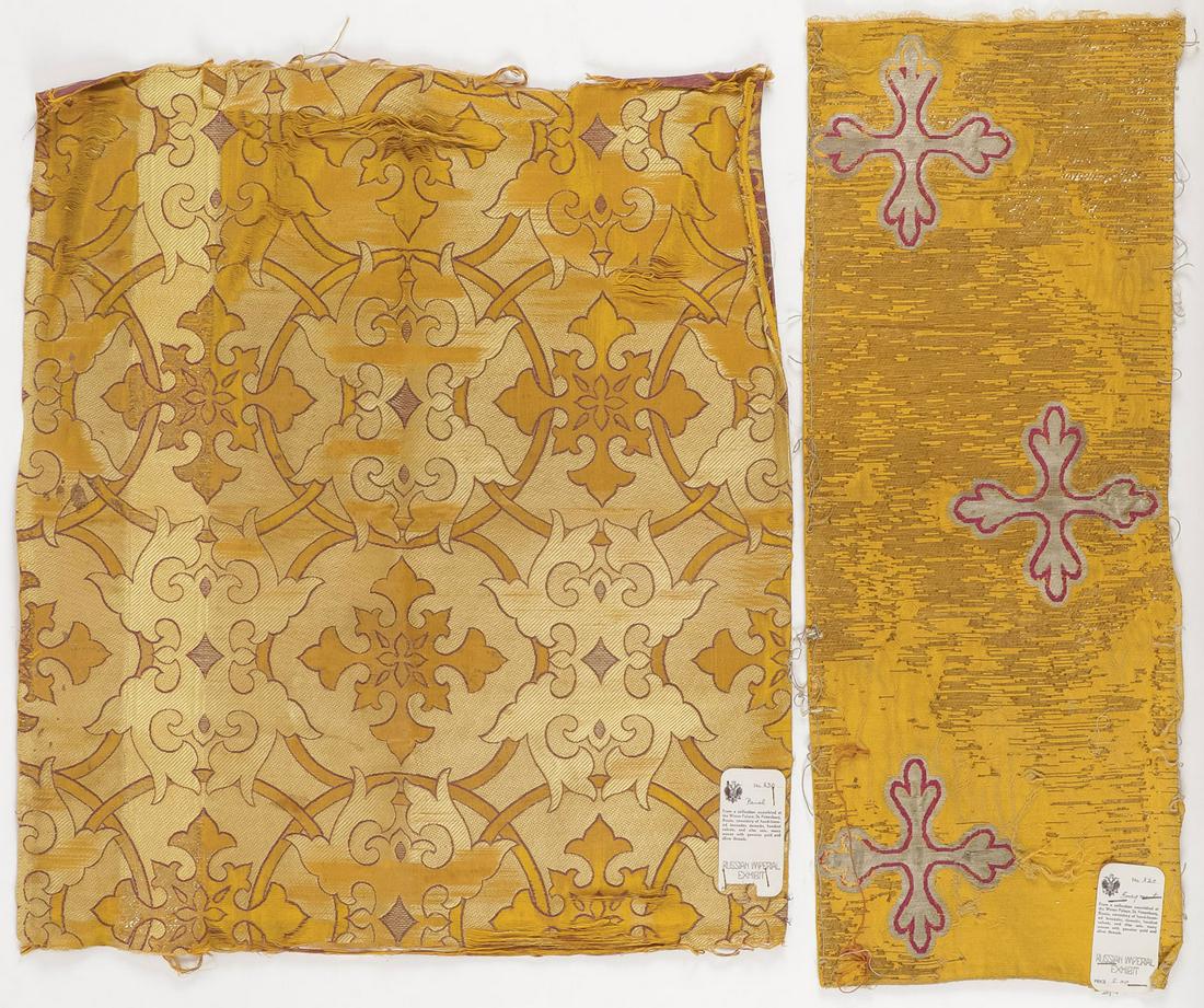 IMPERIAL RUSSIAN TEXTILE RELICS VIA HAMMER: IMPERIAL RUSSIAN TEXTILE RELICS VIA HAMMER GALLERIES. Comprising two fragments of heavily embroidered textiles, both likely from liturgical vestments. Each exhibiting original Hammer Galleries Imperia