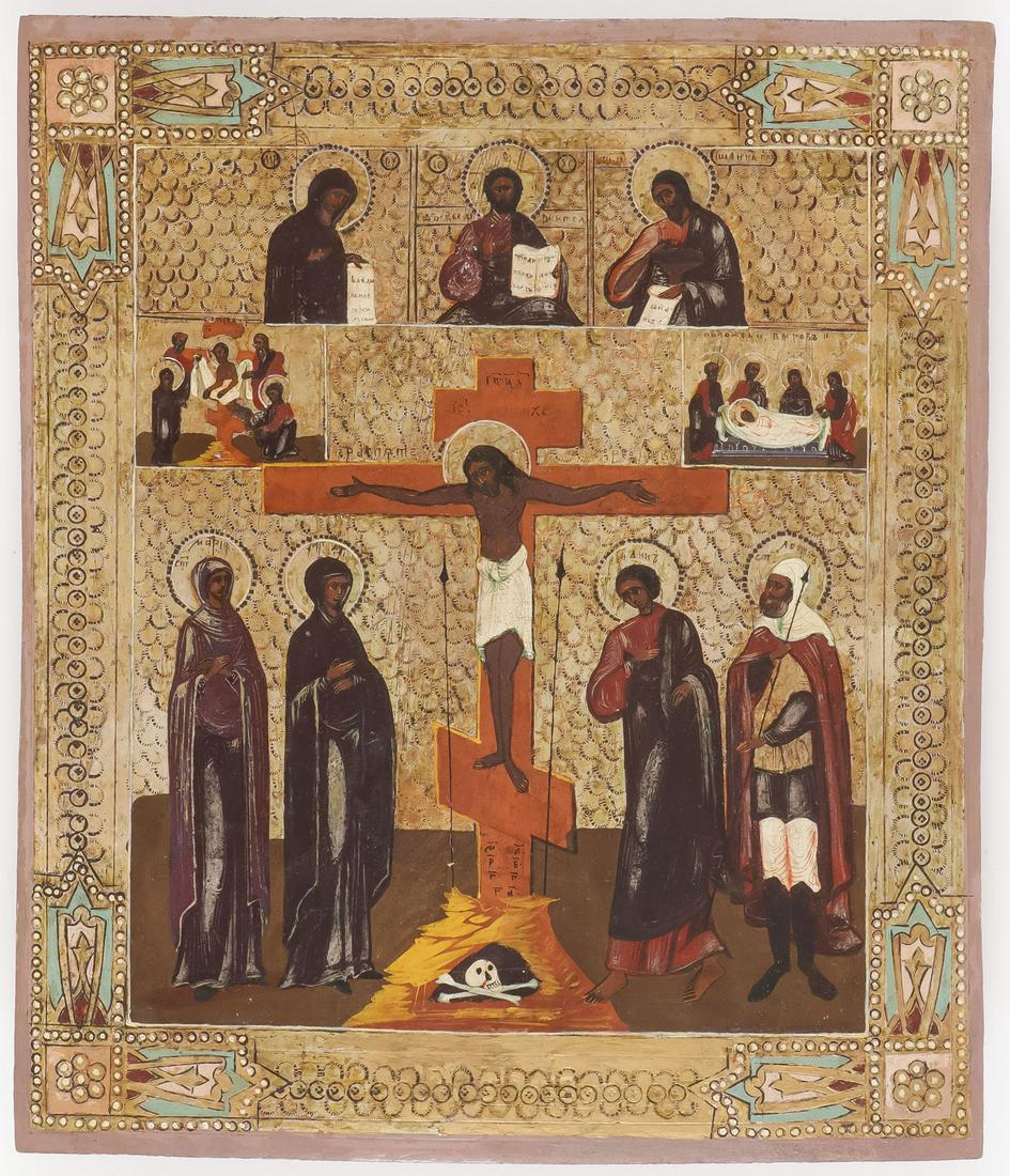 UNIQUE RUSSIAN ICON, CRUCIFIXION & DIESIS: UNIQUE RUSSIAN ICON, CRUCIFIXION & DIESIS. On the lower margin is painted the crucifixion scene, and above the cross beam terminals are the added scenes of the Removal from the Cross and Placement in 