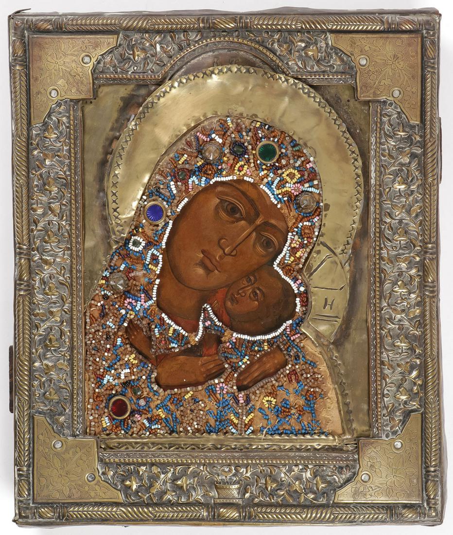 RUSSIAN ICON, KORSHUN MOTHER OF GOD, 19TH CENTURY: RUSSIAN ICON, KORSHUN MOTHER OF GOD, 19TH CENTURY. Tenderly painted and overlaid with a colorful beaded riza and repousse and chased oklad. Later restorations. 12.5 inches x 10.5 inches (32 x 27cm). S