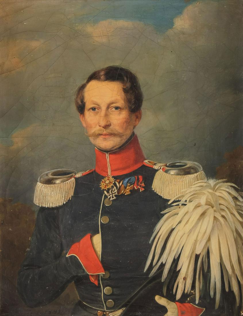 SIGNED & DATED OFFICER PORTRAIT, 1856: CONSTANTIN JOHANN F. CRETIUS (German 1814-1901) Bust Portrait of Major Wilhelm Carl August Timm with Medals - 1842 Oil on canvas Signed and dated lower left, Verso inscribed "W. Timm +1856"