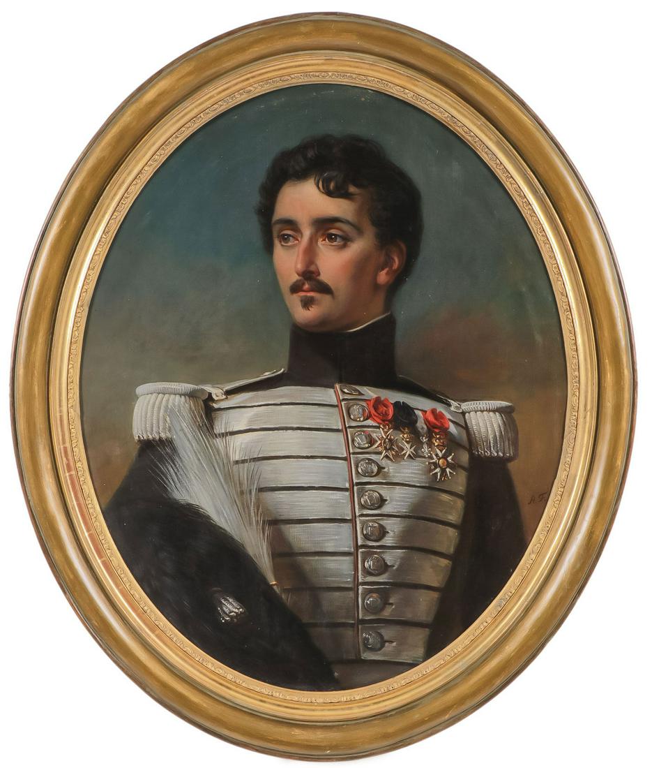 GREAT FRENCH OFFICER PORTRAIT, 19TH C: FRENCH SCHOOL (19th C.) Portrait of an Officer with Medals Oil on canvas Bears initials mid right "A.F.", verso also inscribed "Felix Vicomte de" 29 inches x 23.75 inches (73.7cm x 60.3cm), overall in