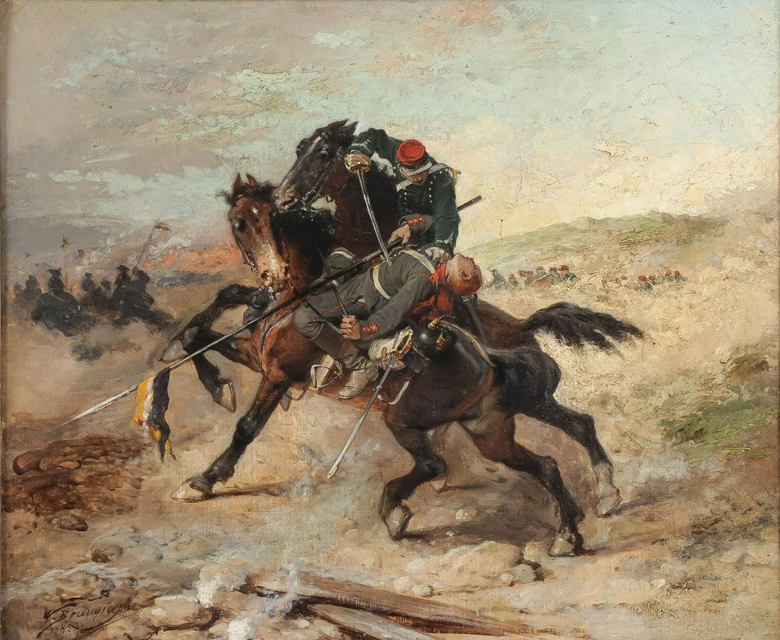 GREAT FRENCH BATTLE SCENE PAINTING, 1885: WILFRID CONSTANT BEAUQUESNE (French 1847 - 1913) A Cavalry Scene - 1885 Oil on canvas Signed and dated lower left 18 inches x 21.75 inches (45.7 x 55.2cm), contained in a later frame overall measuring