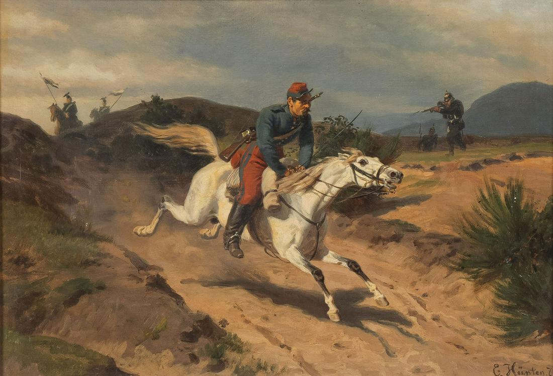 GREAT FRANCO - PRUSSIAN WAR PAINTING: EMIL HÃœNTEN (German 1827 - 1902) Galloping Dispatch Rider Under Enemy Fire - 1872 Oil on canvas Signed and dated lower right 12.6 inches x 18.25 inches (32 x 46.4cm), contained in a simple later wo