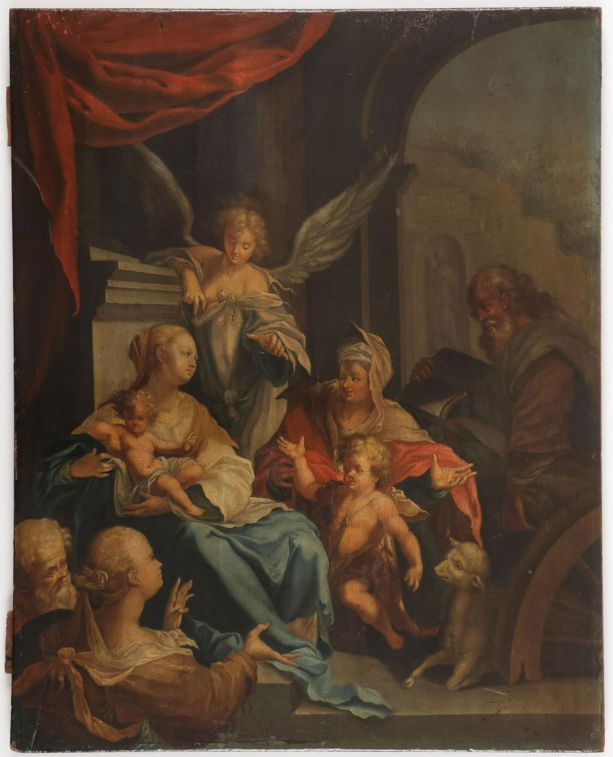 OLD MASTER OIL ON WOOD PANEL PAINTING: Follower of HANS VON AACHEN (German 1552-1615) The Holy Family with St. Catherine, St. John, Zacharias, and Elizabeth - 18th C. Oil on wood panel Inscribed lower left H. v Achen 17.5