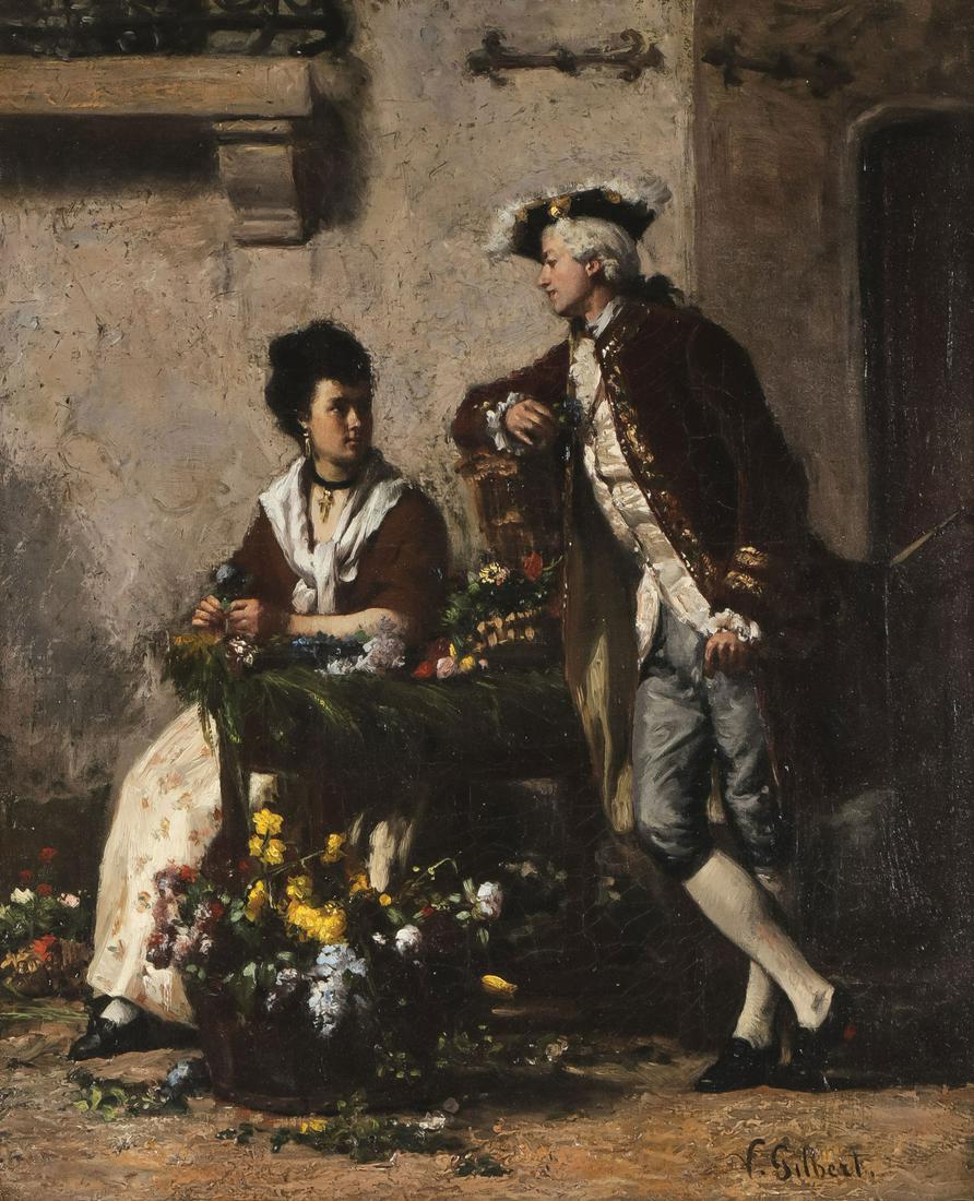 BEAUTIFUL FRENCH GENRE PAINTING, 19TH C: Attributted to VICTOR GILBERT (French 1847-1933) The Courtship Oil on canvas Bears signature lower right 22 inches x 18 inches (55.9 x 45.7cm), overall including gilt frame 27 inches x 23.25 inches (6