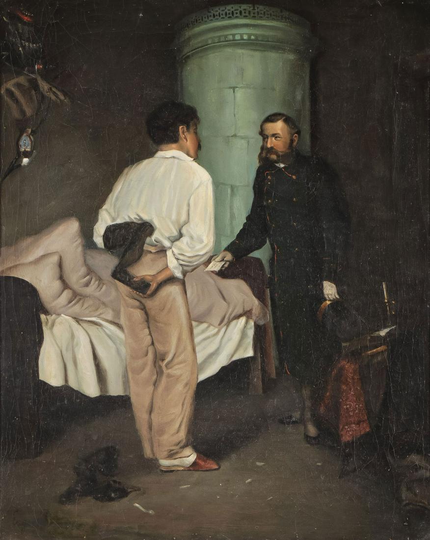 INTERESTING SIGNED GERMAN PAINTING, 19TH C: GERMAN SCHOOL (19th C.)Call-Up Notice Oil on CanvasIndistinguishably signed lower left20.6 inches x 16.25 inches (52.3 x 41.3cm), overall including frame 29.75 inches x 25.5 inches (75.6 x 64.8cm)