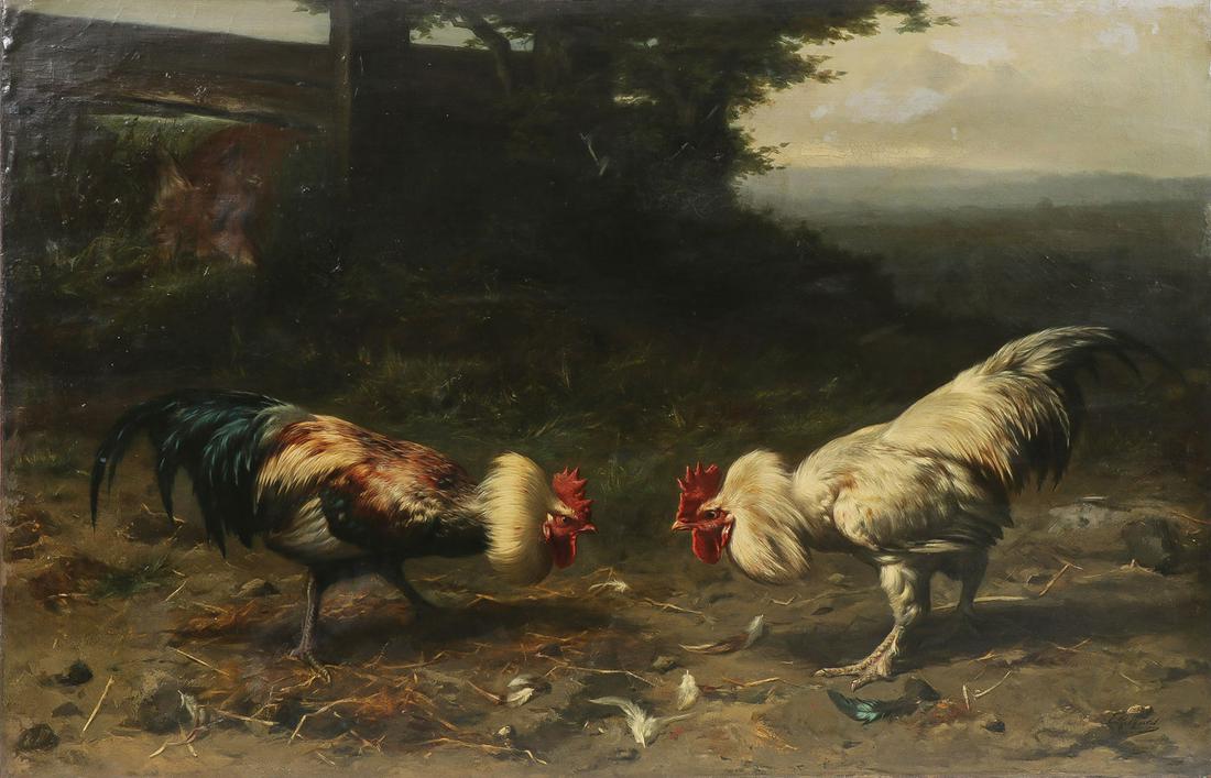 GREAT SIGNED EUROPEAN PAINTING, 19TH CENTURY: EUGENE REMY MAES (Belgian 1849-1931) A Wily Fox Watching a Cock Fight - c. 1890 Oil on canvas laid down Signed lower right 34 inches x 51.5 inches (86 x 131 cm), overall measurement