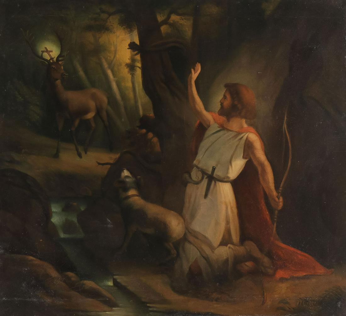 19TH C. PAINTING, SAINT HUBERTUS: GERMAN SCHOOL (19th C.)The Vision of St. Hubertus - c. 1880Oil on canvasApparently unsigned33.25 inches x 36.5 inches (84.5 x 92.5cm), unframedSHIPPING NOTICE:Jack